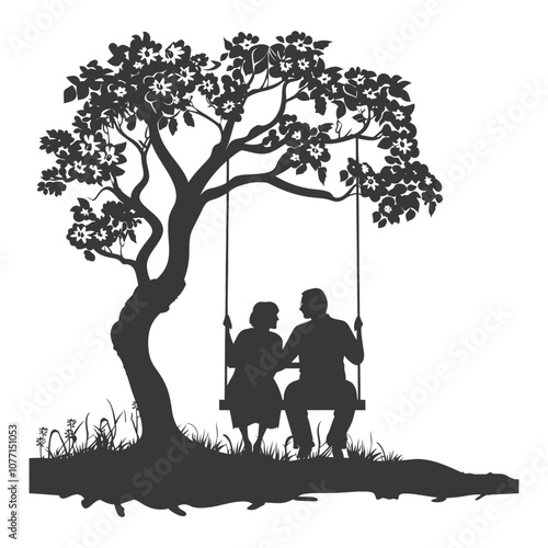 Silhouettes of an elderly couple on a swing under a blossoming tree