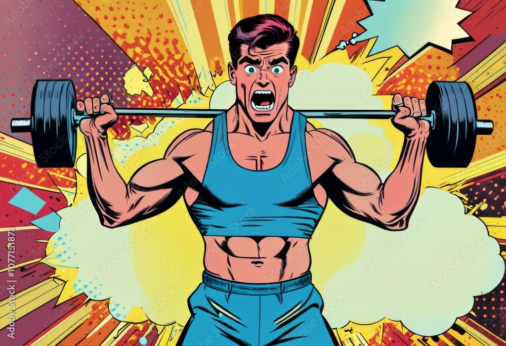 A cartoon man lifting weights with intensity in a vibrant comic book style background featuring explosions and colorful graphics