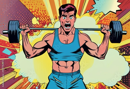 Obraz na płótnie A cartoon man lifting weights with intensity in a vibrant comic book style background featuring explosions and colorful graphics w salonie