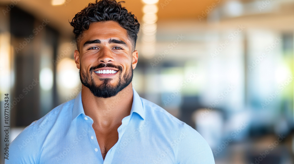 Fototapeta premium Smiling man in a blue shirt in an office setting.