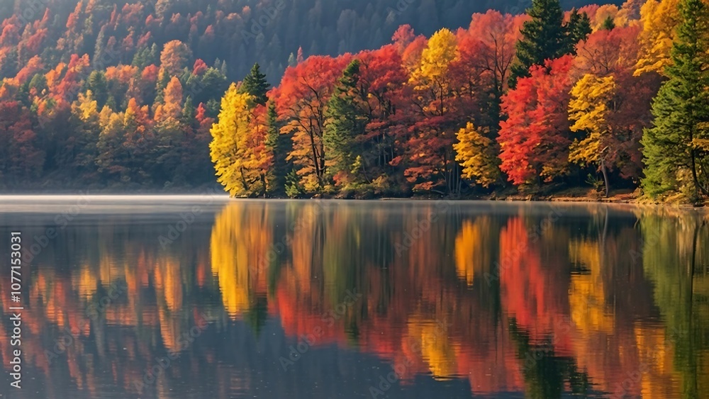 Obraz premium A tranquil lake surrounded by autumn trees - A calm lake reflecting vibrant autumn foliage in shades of red, orange, and yellow. The trees line the shore, and gentle ripples create a serene atmosphere