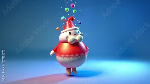 Cheerful santa claus juggling colorful christmas balls in festive holiday animation.