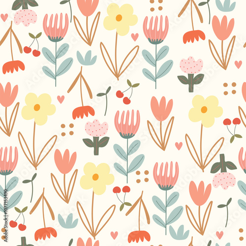 Seamless pattern with naive kids flowers. Floral pattern for wrapping paper, wallpaper, fabric, card.