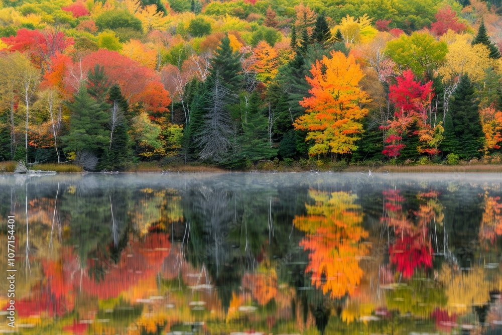Obraz premium Vibrant fall foliage reflecting on calm water surrounded by trees in autumn season, Vibrant autumn foliage reflected in a calm lake