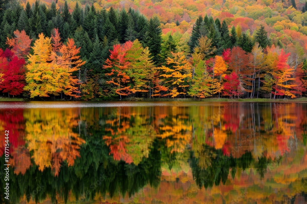 Obraz premium Lush trees encircle a serene body of water reflecting vibrant autumn foliage, Vibrant autumn foliage reflected in a calm lake