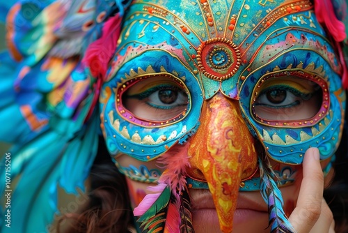 A woman with a vibrant, feather-adorned mask on her face, Vibrant colors and intricate masks