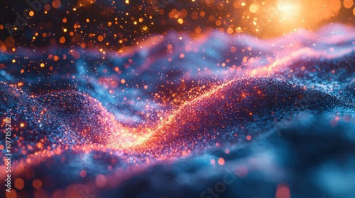 Abstract digital landscape with vibrant glowing particles and waves, creating a mesmerizing and colorful visual effect suitable for backgrounds and creative designs