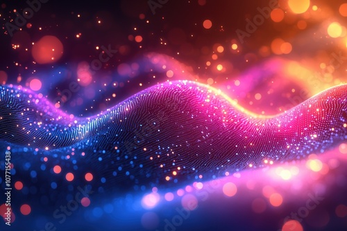 Vibrant Abstract Wave Pattern with Colorful Light Bokeh Effects in a Dark Background Representing Motion and Energy in Digital Art