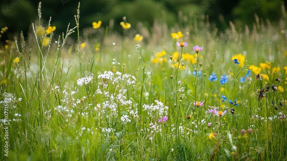 Naklejka premium Green meadows, wildflowers blooming, birds chirping, peaceful natural world.