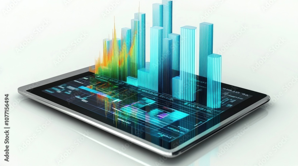 Futuristic Digital Tablet Displaying Vibrant 3D Data Visualization with Colorful Bar Graphs and Market Trends for Analytical Insights in Business and Finance Futuristic Digital Tablet Displaying Vibrant 3D Data Visualization with Colorful Bar Graphs and Market Trends for Analytical Insights in Business and Finance