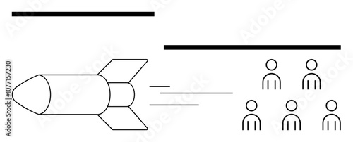 Rocket flying towards five people positioned under thick lines. Ideal for conflict, danger, technology, group vulnerability, war, threat, teamwork. Line metaphor