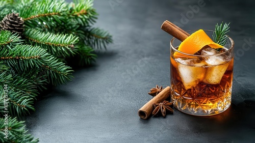 A cozy Old Fashioned for Christmas, with bourbon, bitters, and sugar, garnished with an orange twist and cinnamon stick, placed next to festive greenery photo