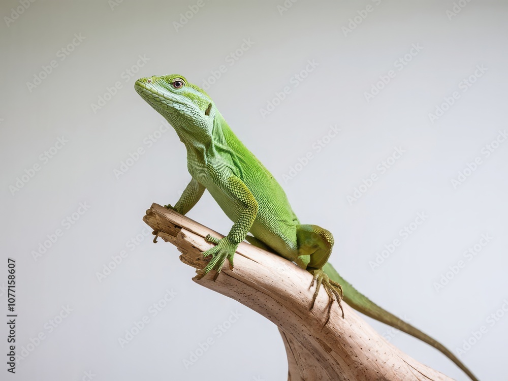 Fototapeta premium Vibrant Green Lizard Perched on a Branch: A Close-Up Shot of Nature's Beauty with Soft Lighting