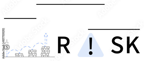 Coin stacks showing fluctuating growth with dollar symbol, exclamation mark inside triangle, and the word RISK. Ideal for finance, investments, caution, economics, business strategy, market analysis