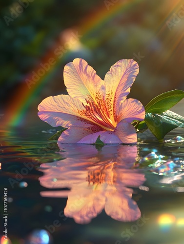 A single pink flower floats on still water with a rainbow reflected in the surface.