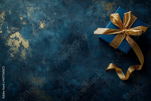 A Blue Gift Box with a Golden Bow on a Dark Blue Background photo