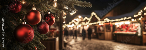 Frohe Weihnachten - Christbaum mit Kugeln auf Weihnachtsmarkt photo