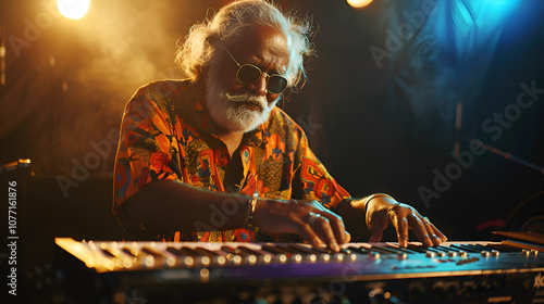 In front of a camera and lighting, an elderly Indian musician or performer plays a keyboard, guitar, or flute copy space photo