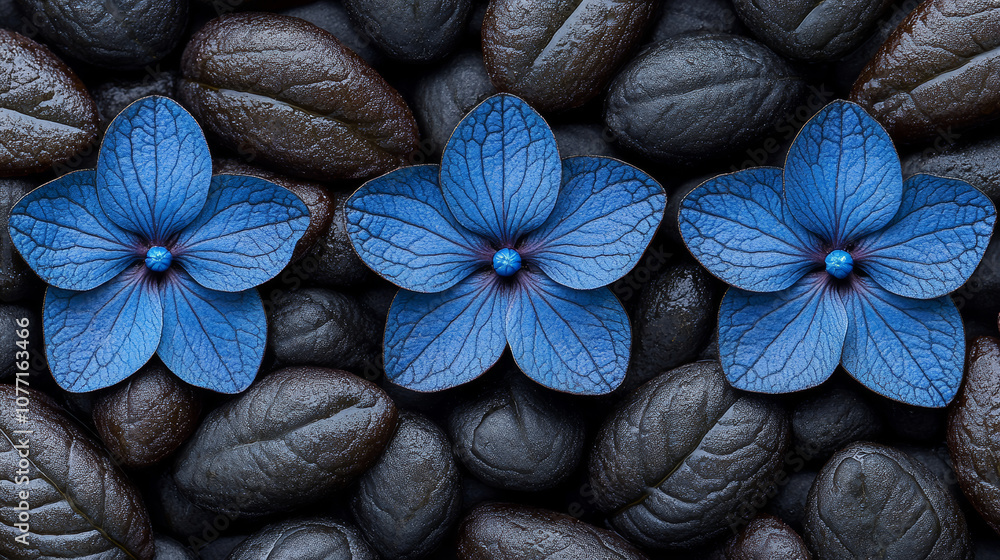 Fototapeta premium Blue flowers arranged on dark pebbles create serene and elegant background. contrast highlights intricate details of petals, evoking sense of calm and beauty
