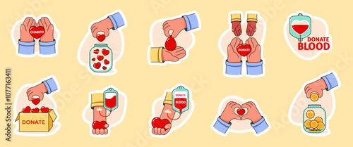 Set of colored stickers blood donation, charity and volunteering. Vector illustration.