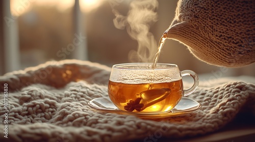 Hand pouring tea into a steaming cup rustic table knit blanket background warm afternoon light