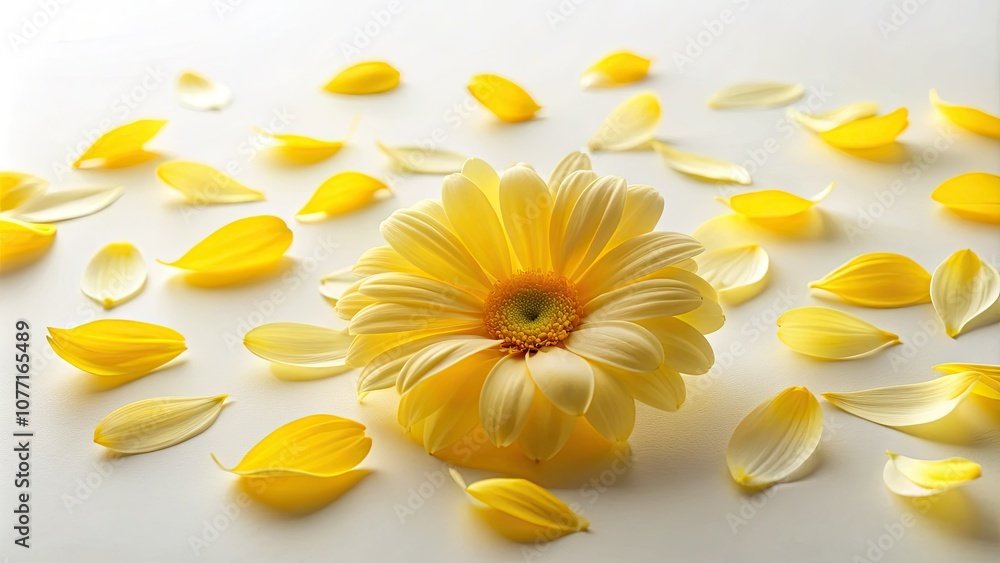 Obraz premium Yellow Floral Petals Floating on White Background - Nature, Floral Aesthetics, Minimalism, Summer Vibes, Botanical Art, Serenity, Bright Colors, Petal Composition, Floral Arrangement.