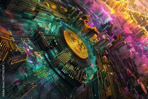 A clock is positioned in the middle of a building, Visualize the concept of mining cryptocurrency through a vibrant and dynamic art piece photo