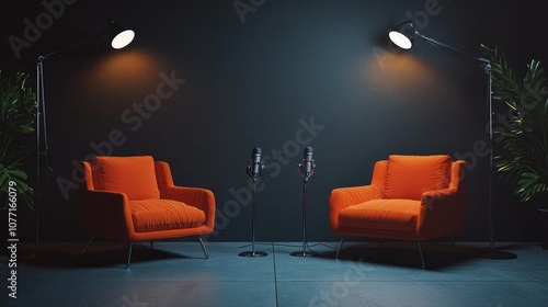 An atmospheric podcast or interview room featuring two orange sofa chairs and microphones, set against a dark background with spotlighting to enhance focus and ambiance.