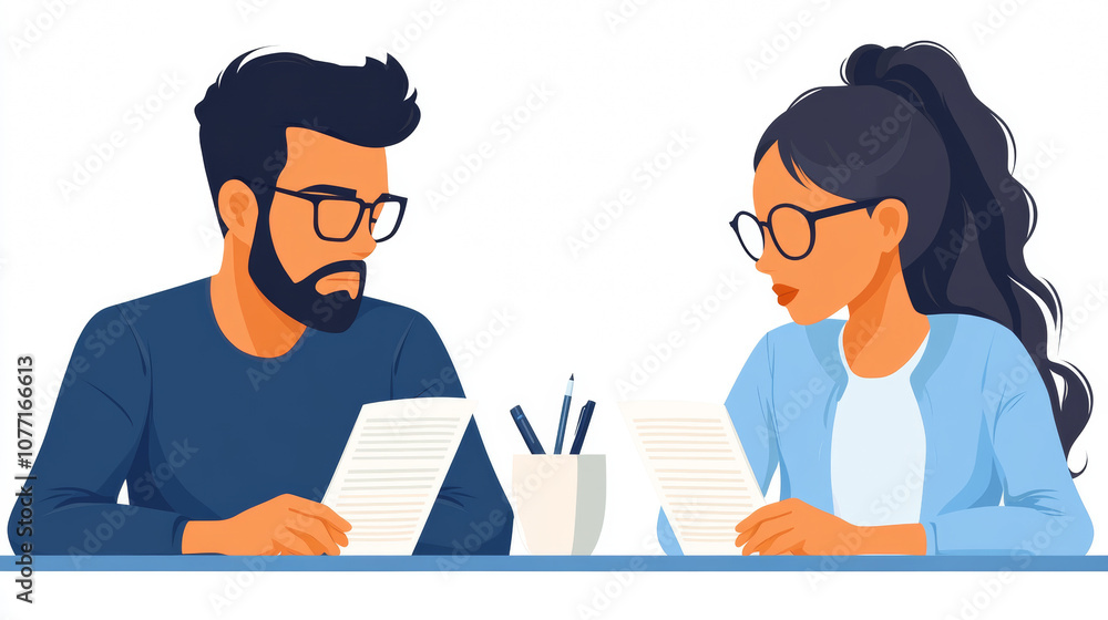 Fototapeta premium A man and a woman sit at a table and review documents.