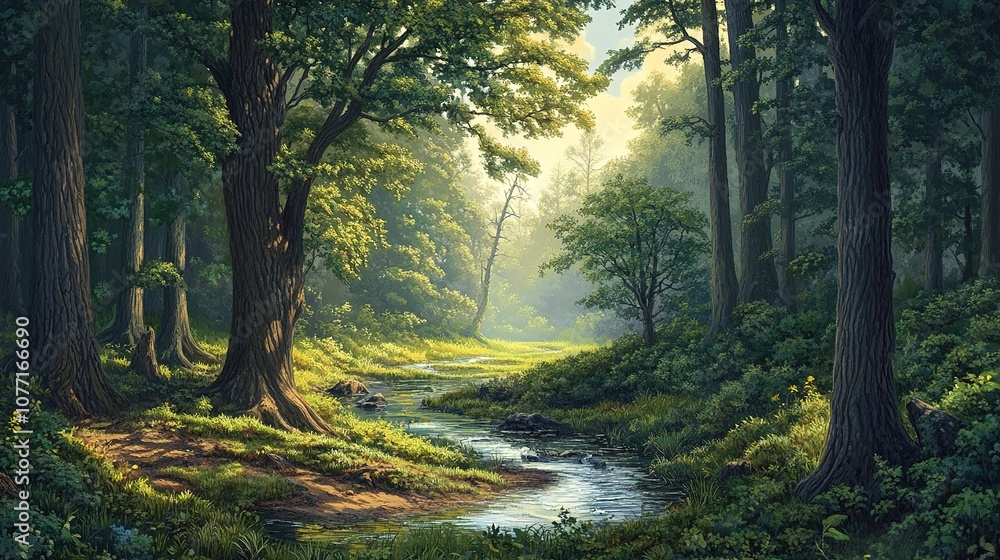 Fototapeta premium Pristine forest, untouched nature, vibrant greenery, quiet streams, peaceful scene.