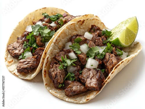 attractive arrangement showcases three authentic Mexican tacos grilled carne asada and vibrant toppings like cilantro and onions beautifully presented white background.
