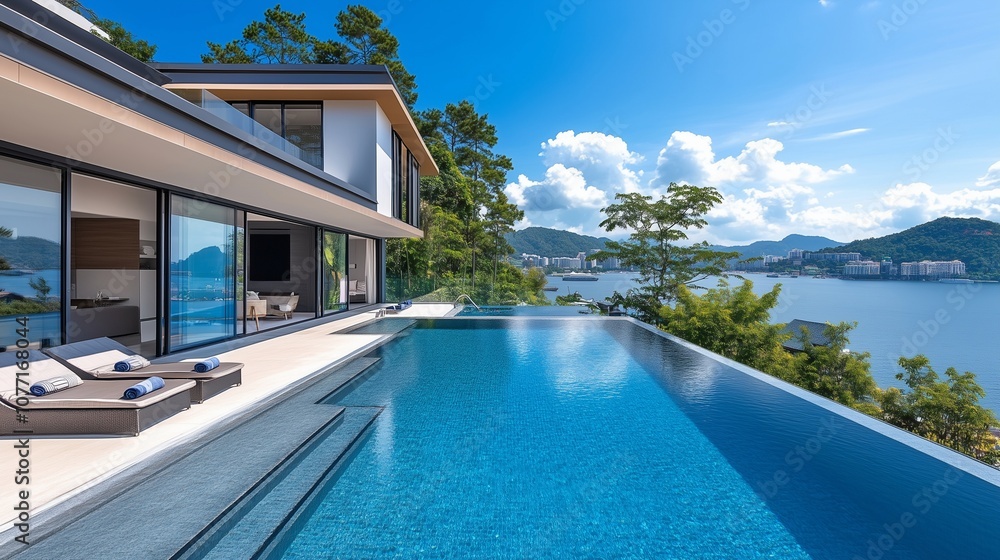 Fototapeta premium Serene backyard infinity pool with panoramic views, ideal for luxury home designs
