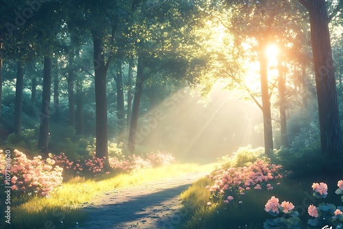 Sunbeams Through Trees in Forest Path Illustration