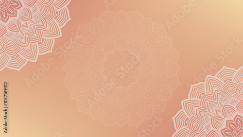 Round mandala on dreamy peach fuzz gradient background. Translucent mesh pattern in the form of a mandala. Mandala with floral patterns.Gradient background with round mandala.Vishal 