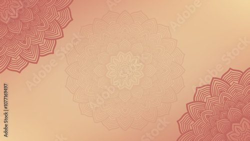 Round mandala on dreamy peach fuzz gradient background. Translucent mesh pattern in the form of a mandala. Mandala with floral patterns.Gradient background with round mandala.Vishal 