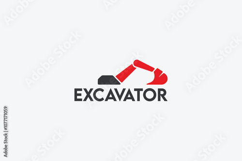 Excavator logo with stylized arm and bucket elements in red.