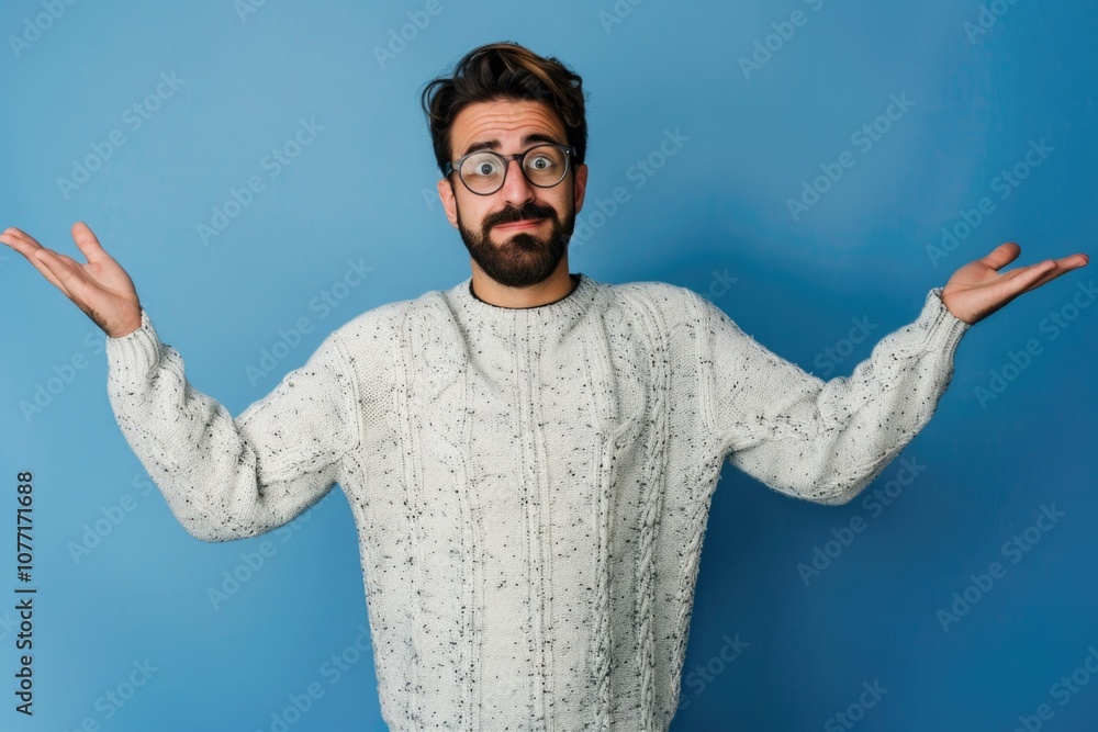Naklejka premium Young Man Confused. Portrait of Hispanic Man with Beard Looking Confused over Blue Background