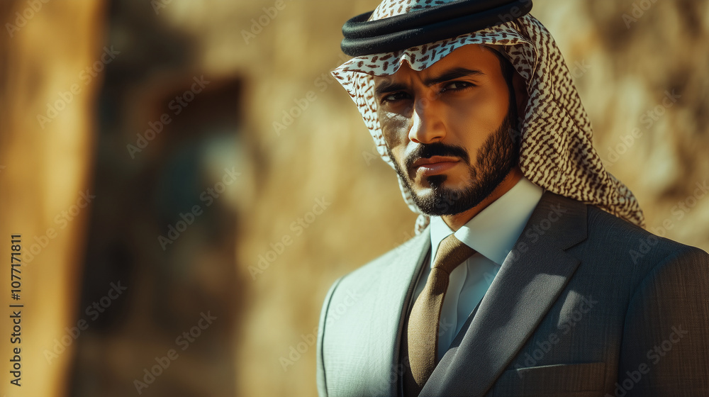 An Arab man in a modern suit with a traditional ghutra, blending contemporary and traditional styles with confidence An Arab man in a modern suit with a traditional ghutra, blending contemporary and traditional styles with confidence