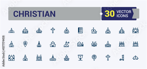 Church icon set. Featuring synagogue, graphic, religion, sanctuary, temple, place, belief, cross. Thin linear style icons. Editable stroke.