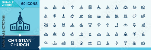 Set of Church line icons. Contains related to belief, church, building, doctrine, architecture, faith, exterior, christian. Collection for mobile and web apps. Vector icons editable stroke.