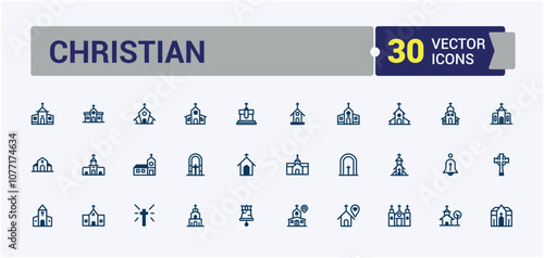 Church icon set. Featuring synagogue, graphic, religion, sanctuary, temple, place, belief, cross. Thin linear style icons. Editable stroke.