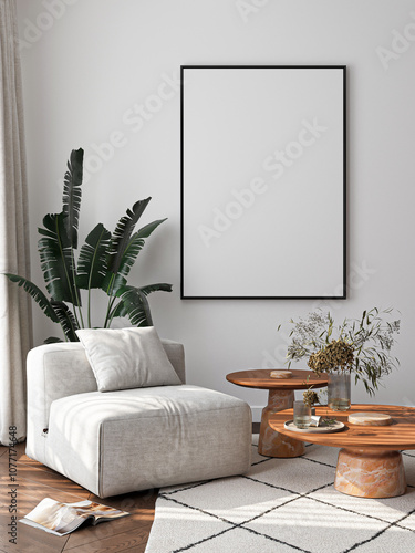 Frame mockup, ISO A paper size. Living room wall poster mockup. Interior mockup with house background. Modern interior design. 3D render 