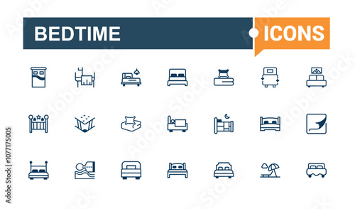 Set of Bed line icons. Includes thin line service, hotel, bedding, medical, motel and more. Isolated icons design. Vector illustration in modern line style.