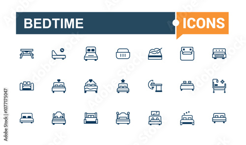 Set of Bed line icons. Includes thin line service, hotel, bedding, medical, motel and more. Isolated icons design. Vector illustration in modern line style.