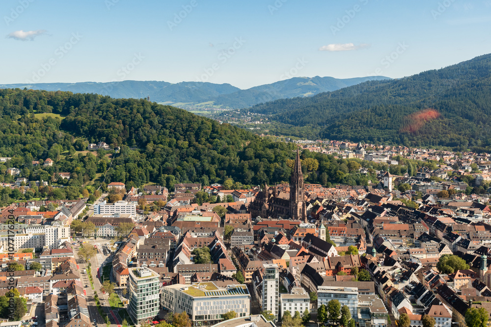 Fototapeta premium Freiburg in Germany seen from a small plane