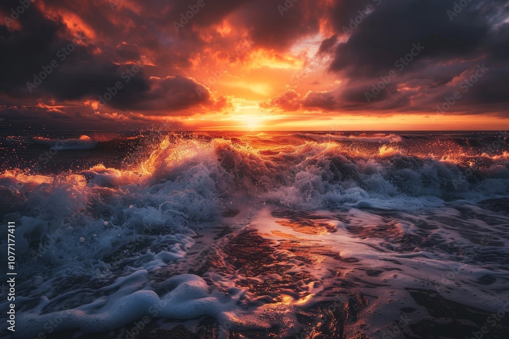 Fototapeta premium Setting sun casting fiery hues over ocean waves crashing against shore, Waves crashing against the shore under a fiery sunset