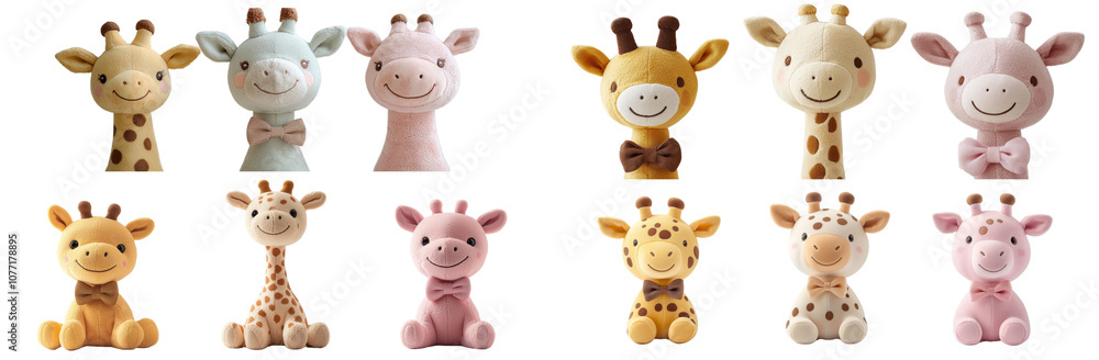 Naklejka premium Soft plush giraffe toys in various colors and expressions, perfect for children. These adorable stuffed animals bring joy and comfort to any child’s room. isolated cut out PNG on transparent