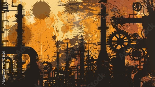 Steampunk Factory Scene with Industrial Revolution Inspired Gears and Machinery photo