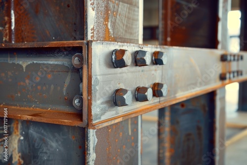 Detailed view of welded steel cabinet with visible seams and knobs, Welded steel beams with visible seams and industrial charm photo