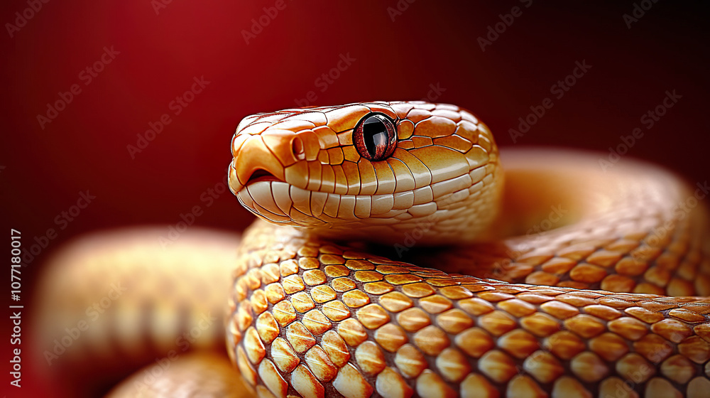 Fototapeta premium Close-up of realistic golden-brown snake with intense gaze on red backdrop. AI-generated